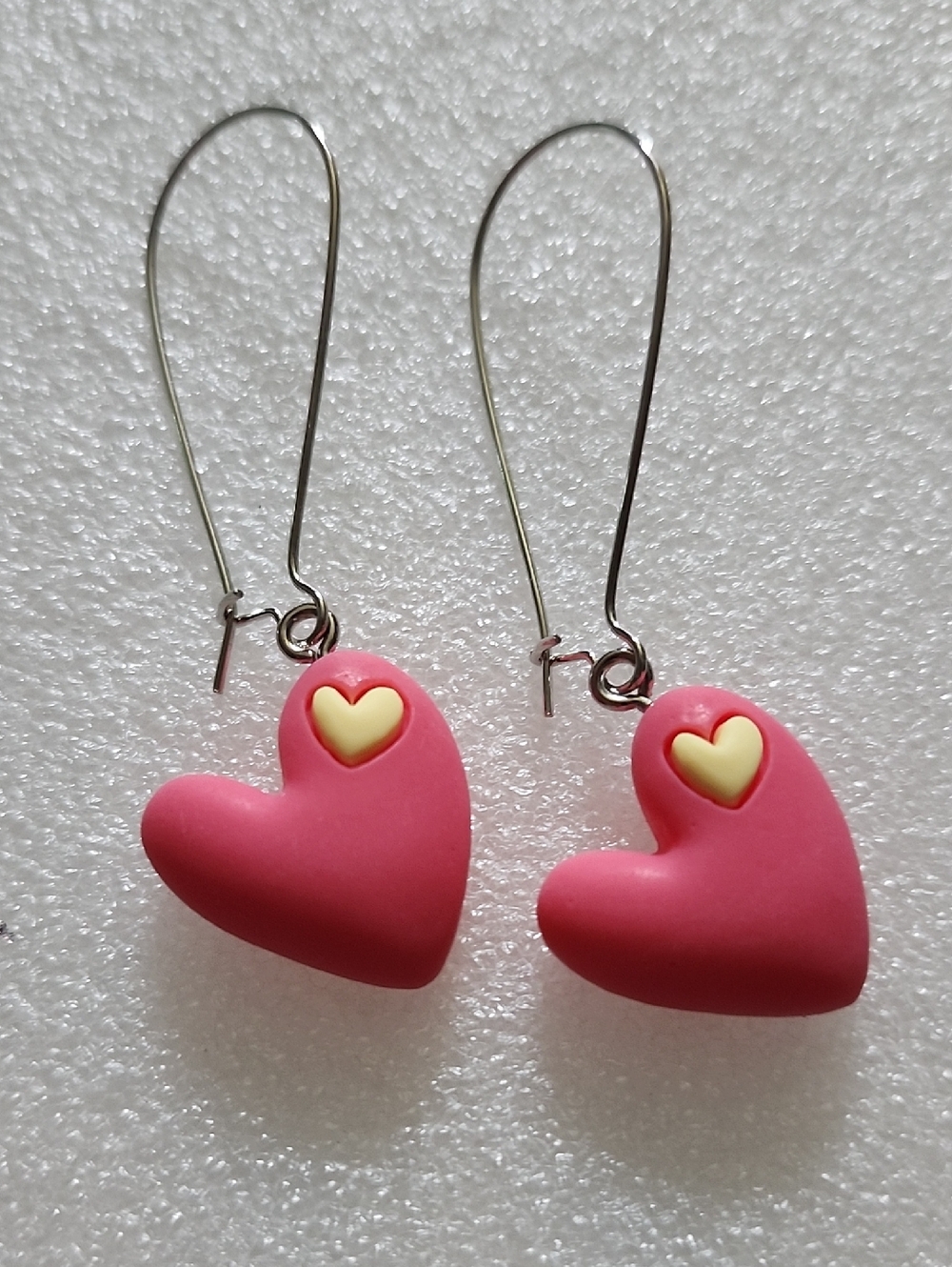 Hand Crafted Hot Pink Heart Drop Earrings with Yellow Accent